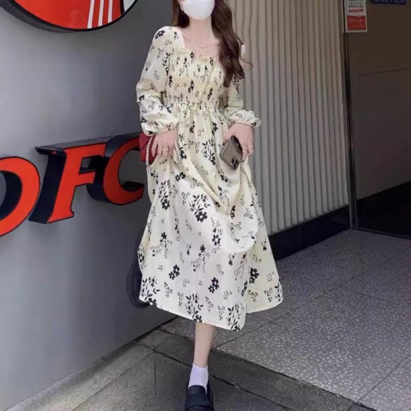 2024 Herbst Französisches Blumen-Chiffonkleid mit schlanker Taille und langen Ärmeln