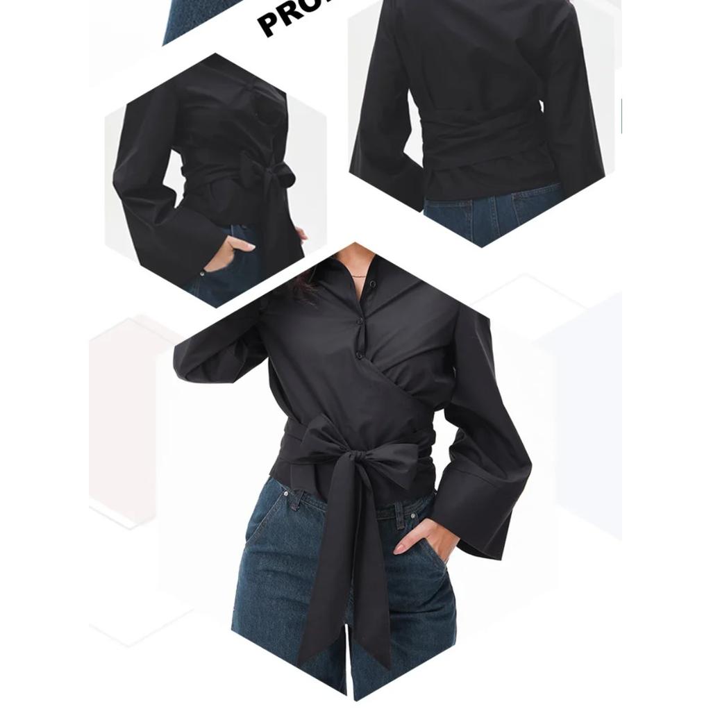 New Women's Fashion Casual Polo Neck Bow Tie Up Short Edition Double Breasted Poplin Shirt