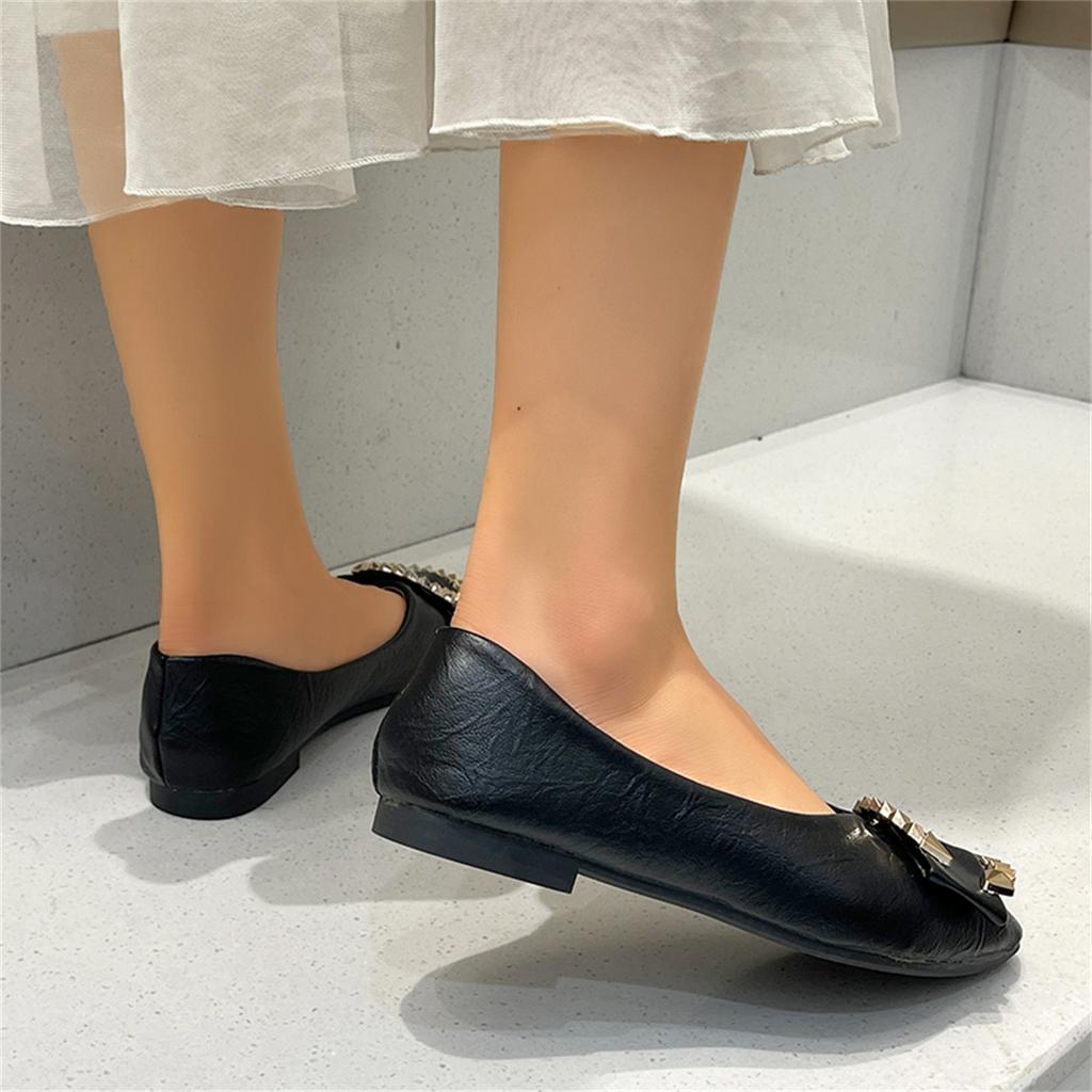Sweet Flats Women Summer Casual Leather Slip on Pointed Toe Fashion Shoes for Women Solid Metal Buckle Casual Platform Flats