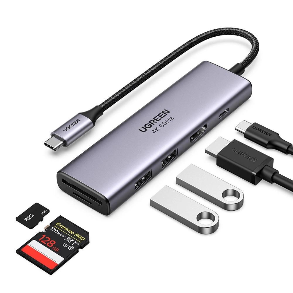 Ugreen 6-in-1 USB-C Hub: Dual USB 3.2 Gen 1, 4K HDMI 60Hz, SD/TF Card Reader, 100W PD Charging - Gray (60384 CM511)