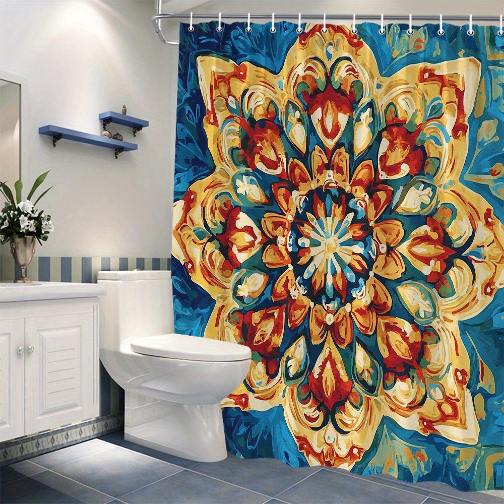 1pc Vibrant Mandala Shower Curtain - Symmetrical Floral Geometric Design in Blue, Orange, Red & Yellow, Machine Washable W90XH180cm