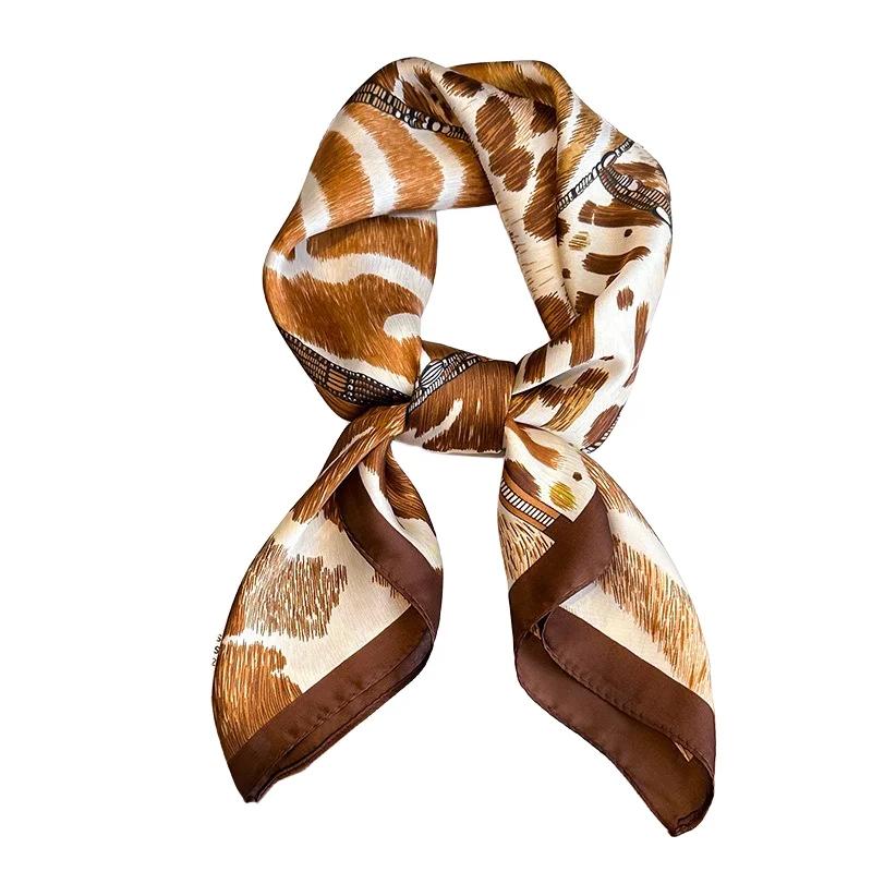 2023 Luxury Leopard Print Silk Square Scarf Women Soft Satin Hairbands Neckerchief Head Hijab Headband Foulard Bag Ribbon Office