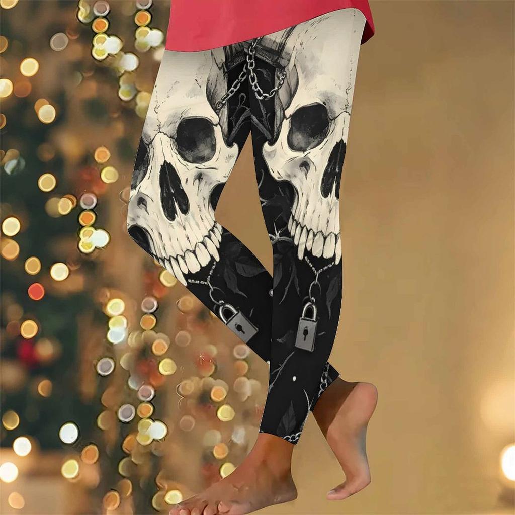 Women's Leggings Vintage Fashion Casual Ankle-Length High Waist Halloween Rose Skull Printing Thermal Warm Soft Breathable Micro-elastic