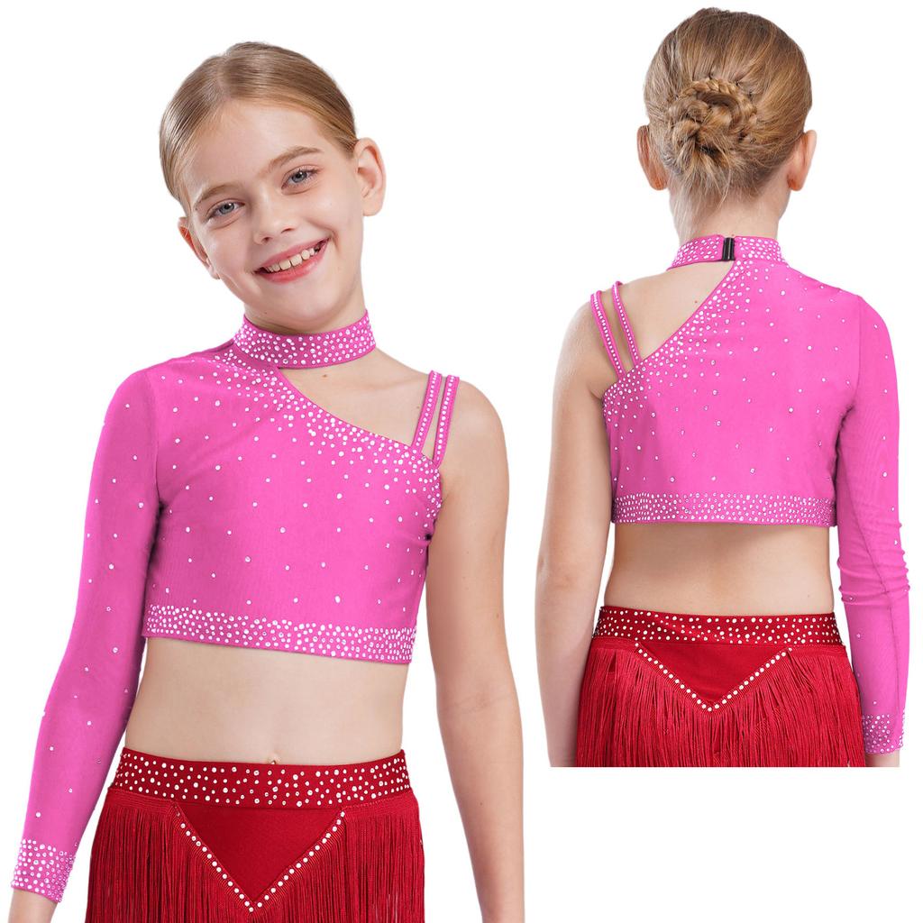 Kinder Mädchen Tanzoberteil Funkelnde Strasssteine Crop Top, Einzigartiges unregelmäßiges Schulterdesign für Bühnenauftritte & Tanzwettbewerbe