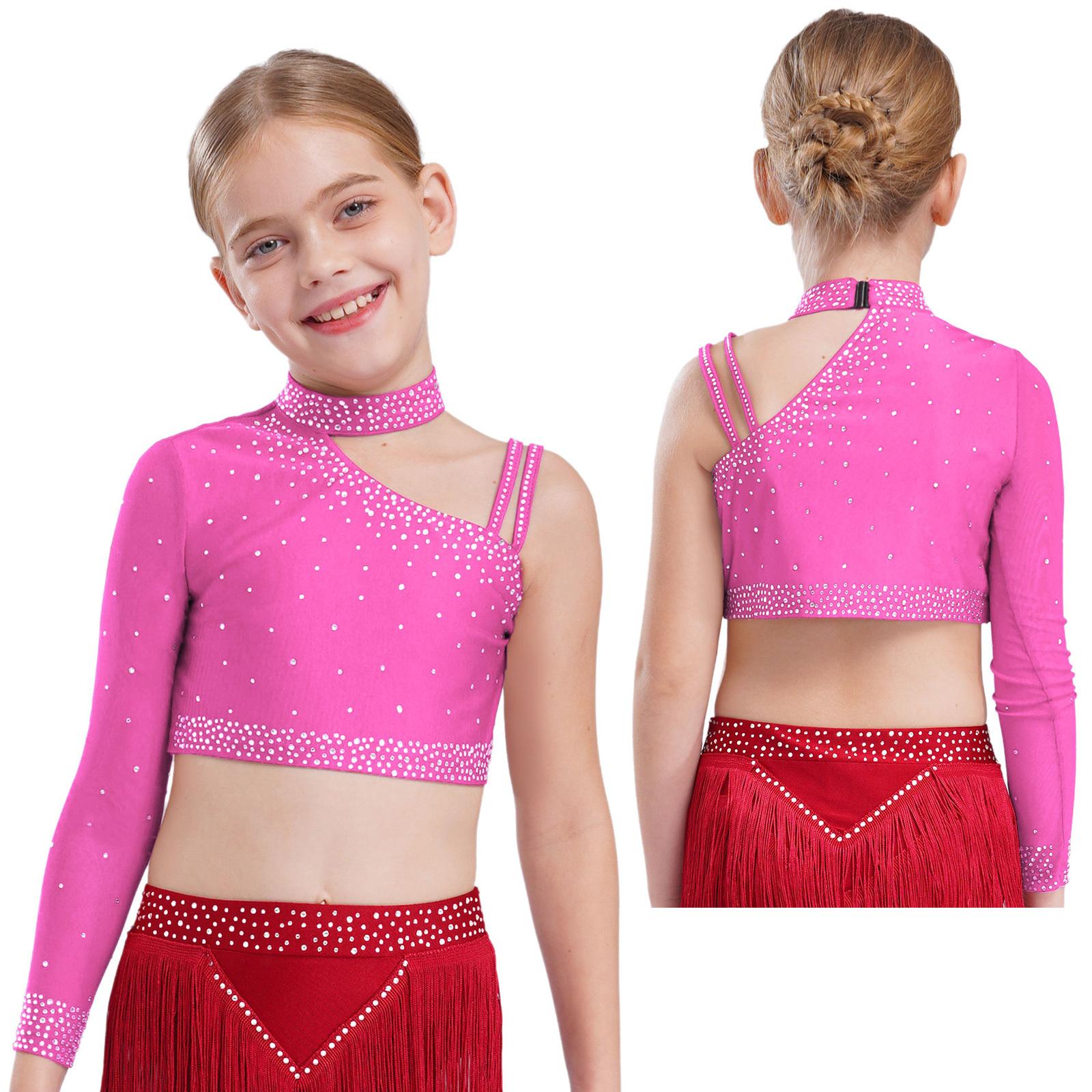

Kids Girls Stage Performance Top: Sparkly Rhinestone Crop Top with Unique Irregular Shoulder Design, Dance Costume 13-14 Years гарячі рожевого кольору