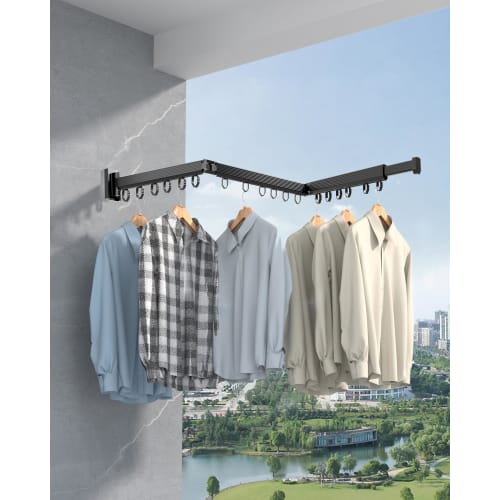 KWQKEM Indoor Drying, Foldable Wall-Mounted Clothes Drying Rack, Three-Tier, Windproof Aluminum, Extendable, Concealed Clothes Drying Rack, Space-Savi