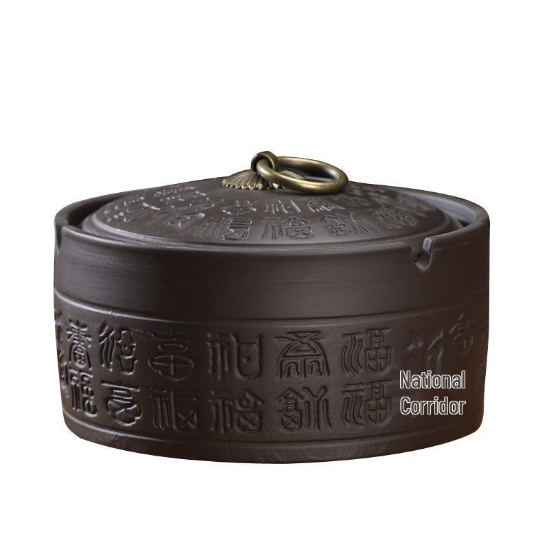 Zisha Ceramic Ashtray with Lid: Medium, Fly-Proof, Retro Home & Office Decor for Extinguishing Cigarettes.