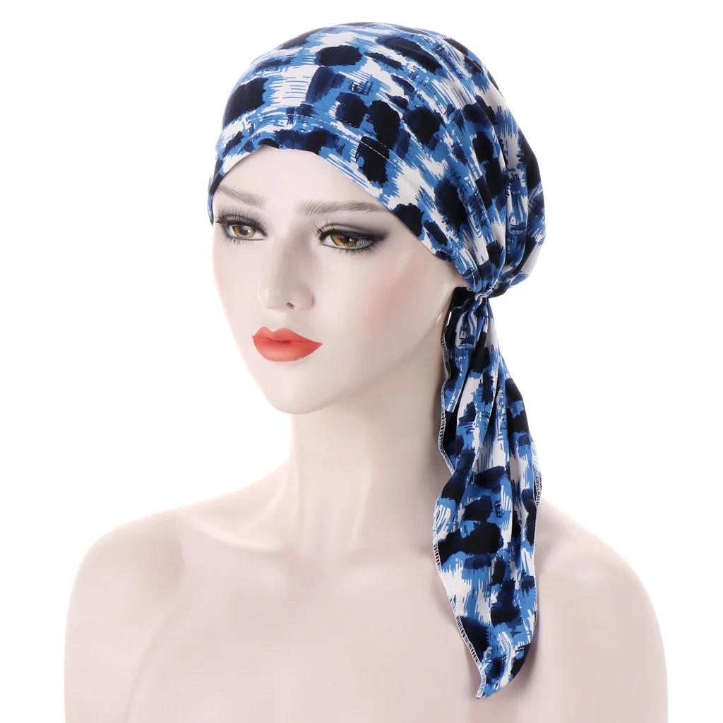 Women Printed Turban Cap Muslim Hijab Inner Caps Beanies Bonnet Long Tail Headscarf Strech Bandana Hat
