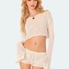 Women's Crochet Knit Crop Top Y2k Long Sleeve Cropped Sweater Shrug Off Shoulder Hollow Out Knitted Tops