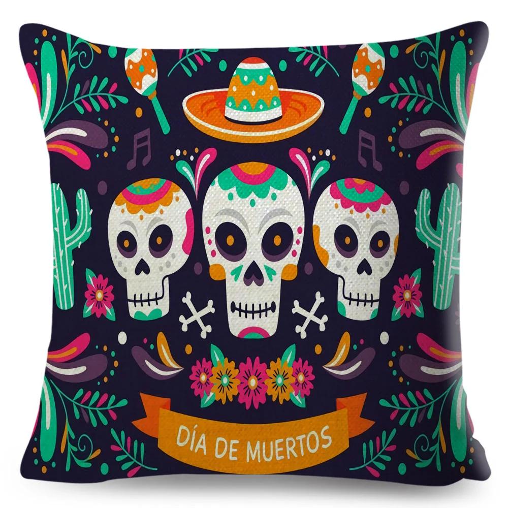 Day Of The Dead Pillowcase Decor Cartoon Mexico Flower Skull Print Cushion Cover for Sofa Home Polyester Pillow Case 45x45cm