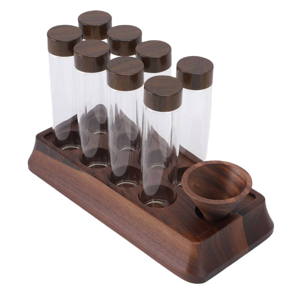 Kaffeebohnen Aufbewahrungsröhrchen mit Walnuss Holzständer Luftdicht 8 Stück Röhrchen Glas Dosier Kaffeebohnen Keller für Zuhause Geschäft Bar