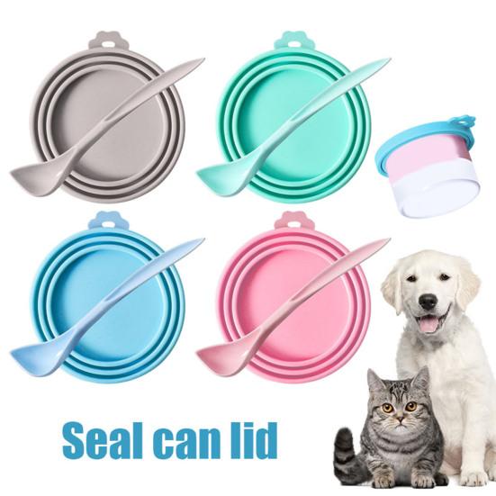 Pet Food Can Cover Reusable Silicone Sealed Can Cover with Spoon Fits 3 Standard Size Food Cans for Pet Food Cans or Canned Goods
