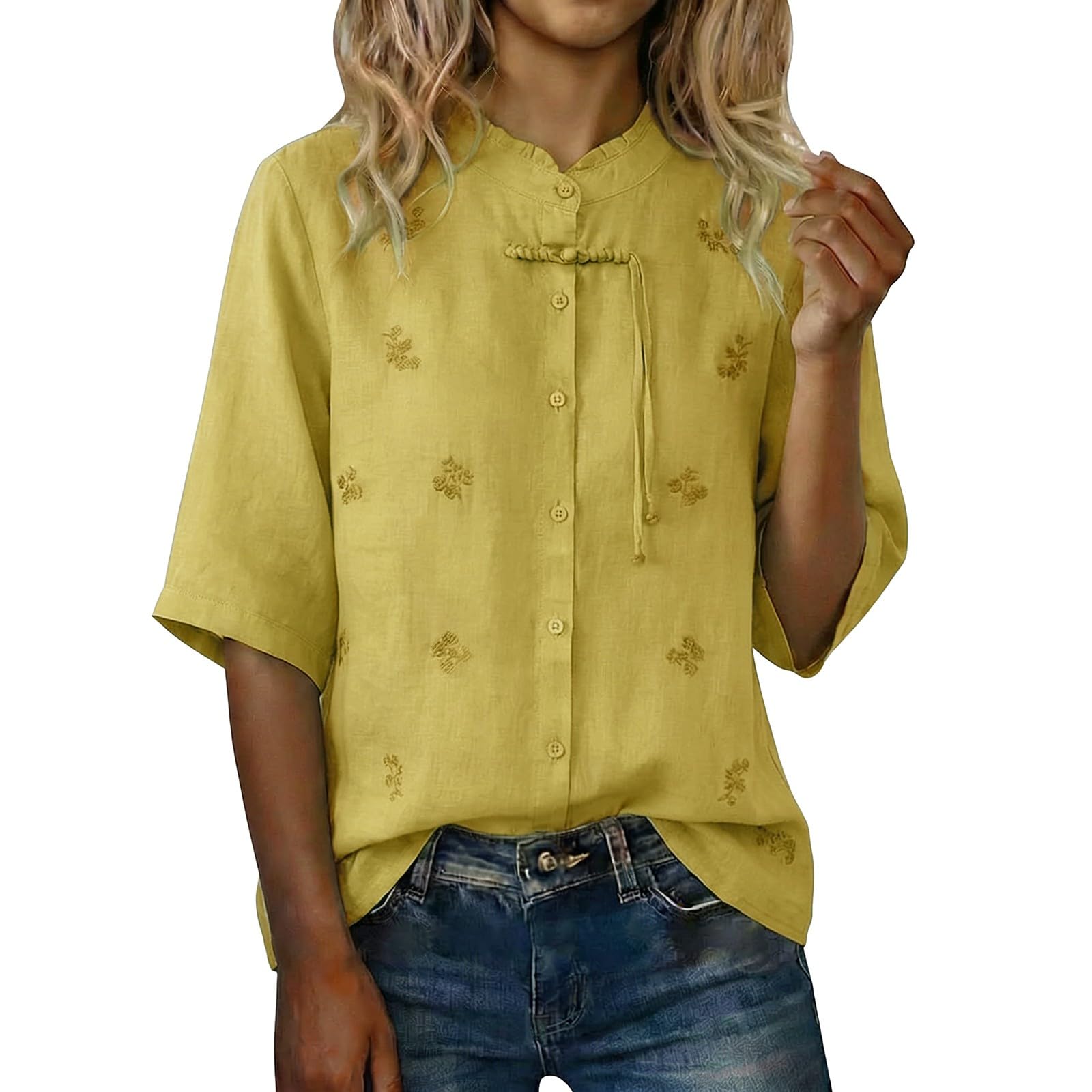 

Women’s Fashionable Casual Loose-Fit New Chinese- Vintage Embroidered Linen-Cotton Artistic Shirt With Stand-Up Collar XL жовтий
