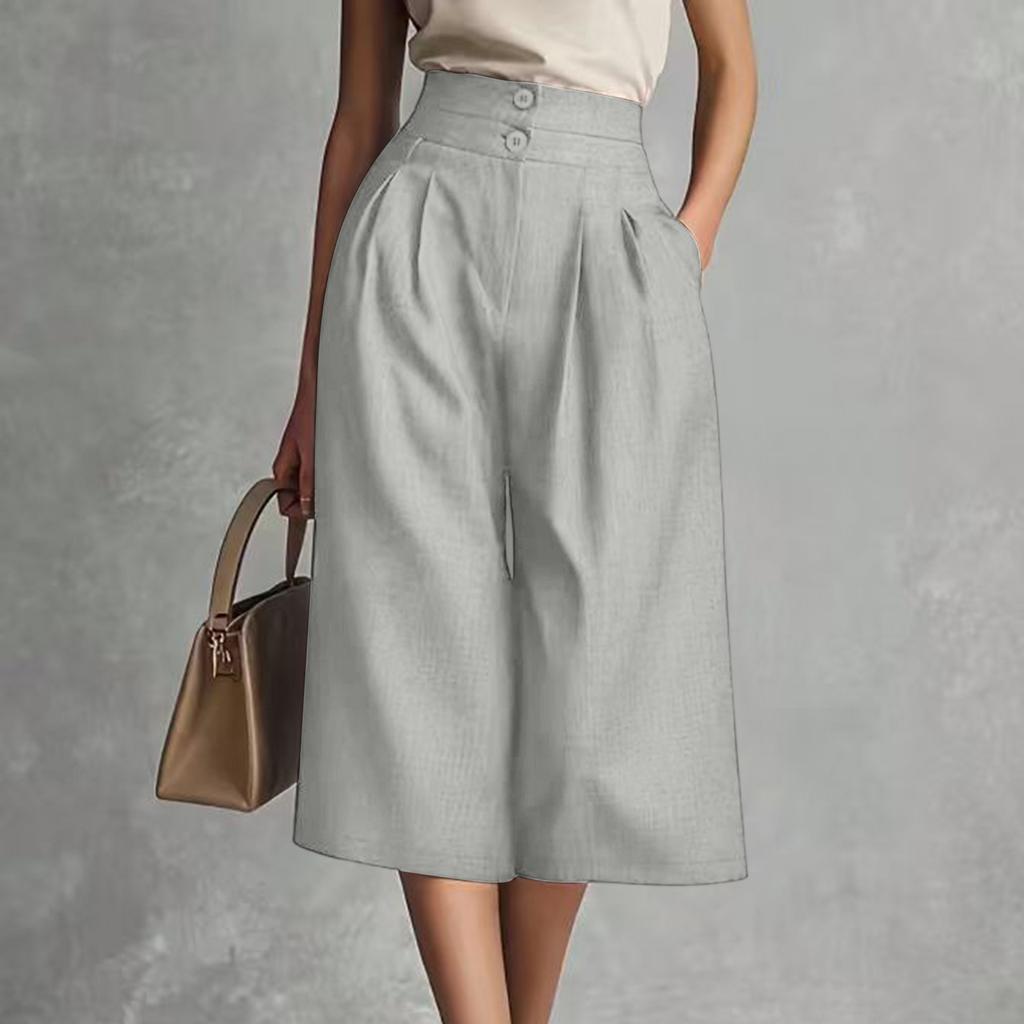 Calças Culotte Femininas de Cintura Alta com Pernas Largas, Fecho Duplo de Botão e Design Plissado, Calças Curtas Casuais de Corte Amplo