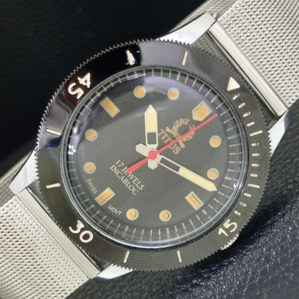 

SWISS VINTAGE TITUS HAND-WINDING MENS TURNABLE BEZEL BLACK DIAL WATCH a700256-5 R202-a700256