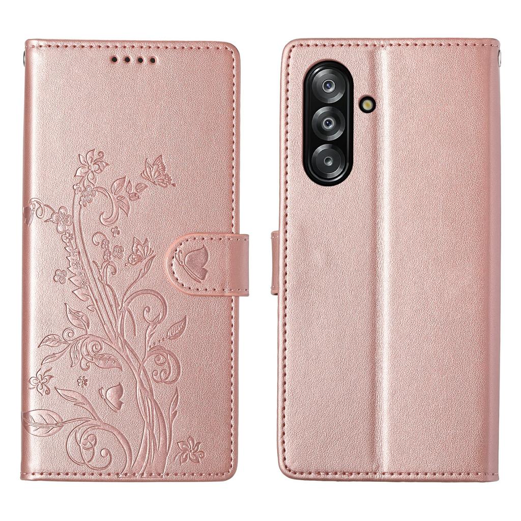 For Samsung Galaxy A26 5G Wallet Case Butterfly Floral Imprint PU Leather Phone Cover with Wrist Strap