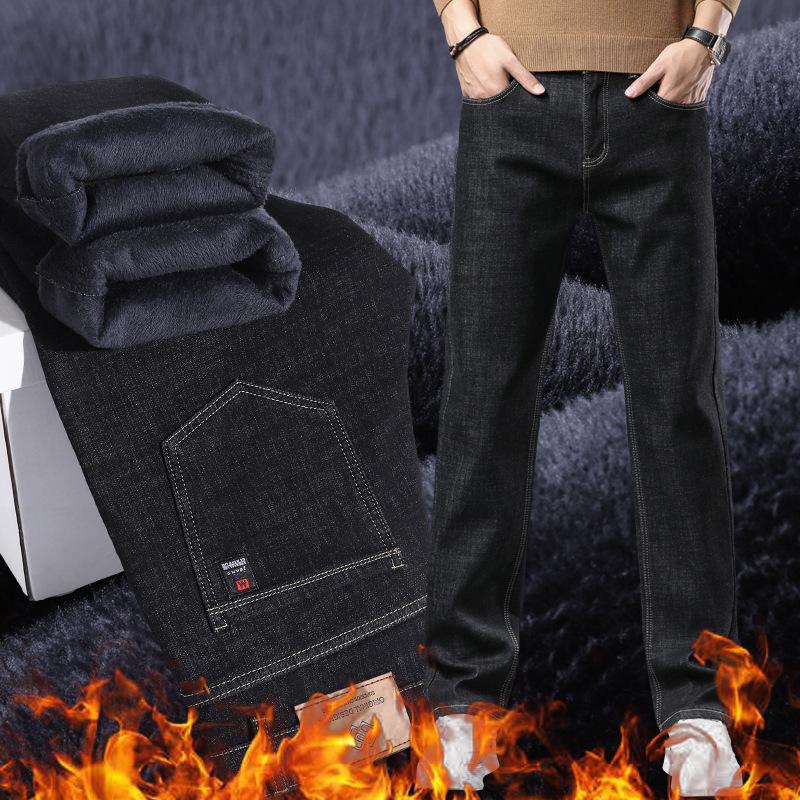 Winter Fleece-Lined Thickened Denim Trousers for Men Loose Straight-Leg Stretch Trousers New Arrival Warm Long Trousers