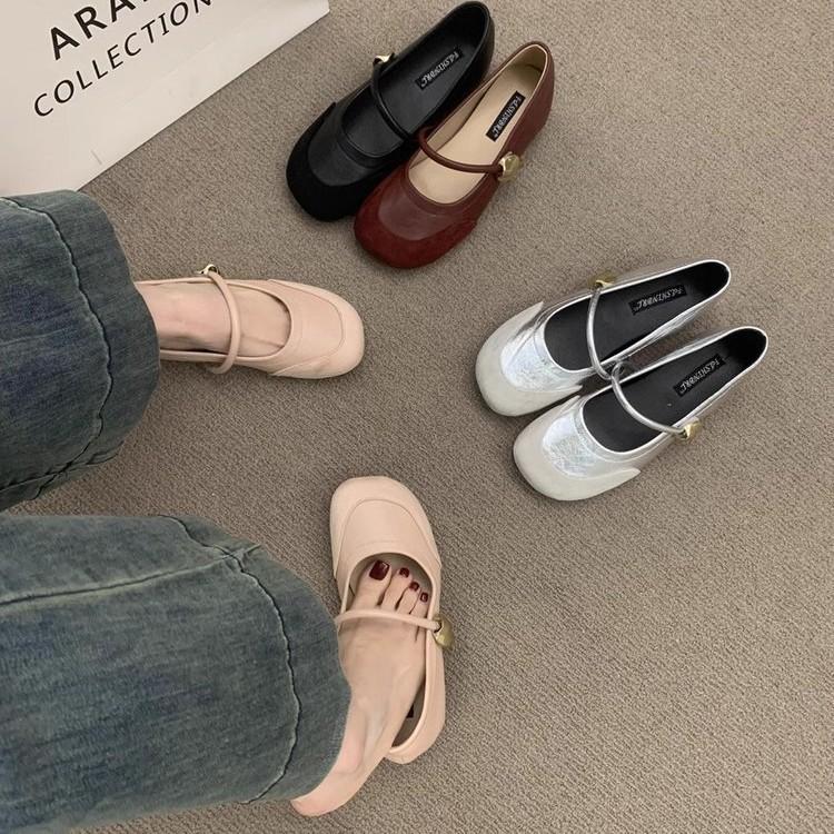 With Skirt Retro Splicing Mary Jane Shoes for Women's Spring and Autumn New Models, One Word with Shallow Mouth Inner Height Increase Single Shoes