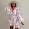 LYRIA New Strawberry Print V Neck Lantern Sleeve Dress Fashion Dress Women