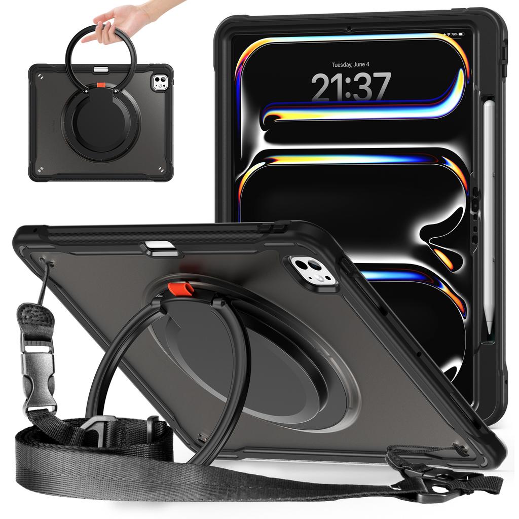 Pro iPad Pro 13 (2024) Pouzdro s otočným stojánkem PC+TPU+Silikonový kryt s ramenním popruhem