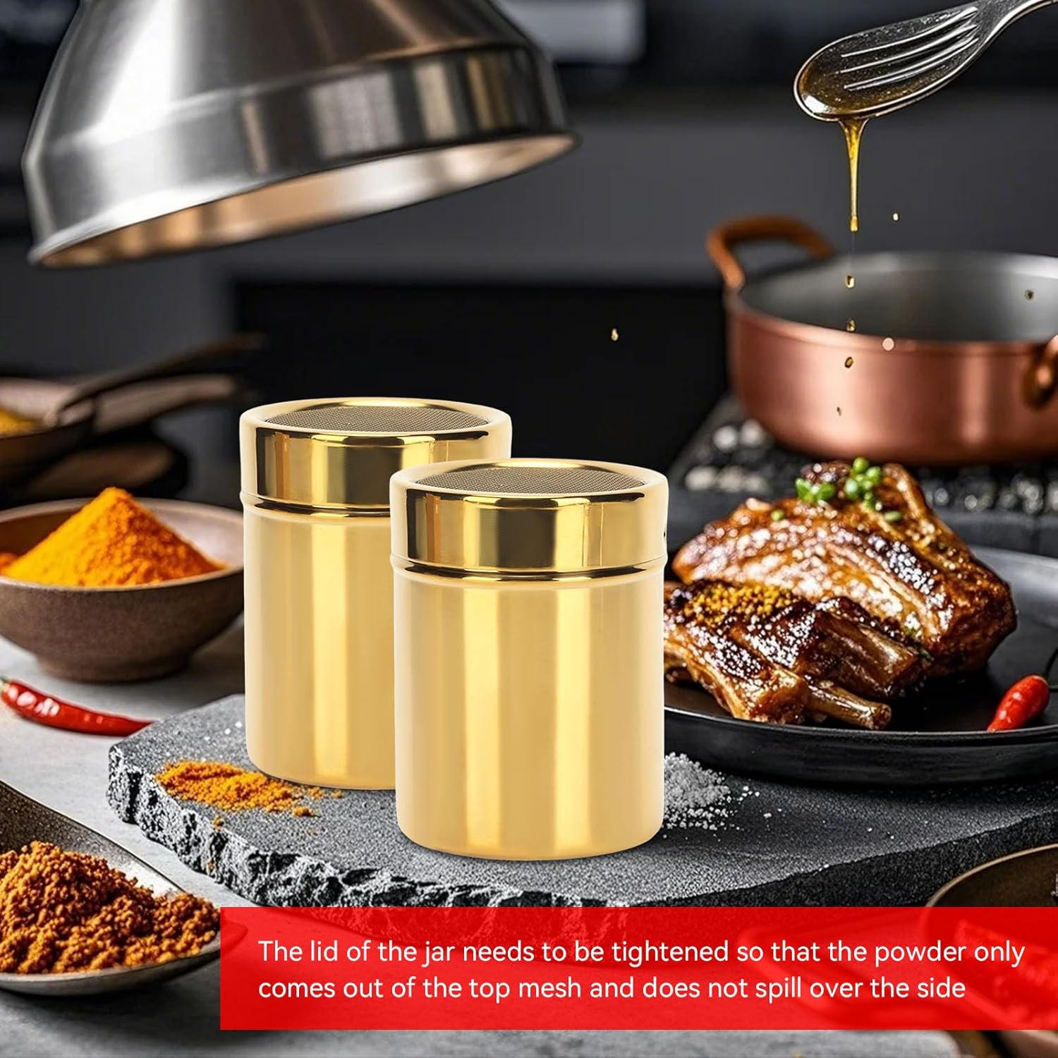 Stainless Steel Dredge Shaker, Powder Sugar Dispenser Fine Mesh Powder Sugar Shaker with Lid Gold Salt and Pepper Shakers for Kitchen Powdered Sugar
