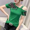 Summer New Design Sexy Fashion Top Small Shirt Off-Shoulder Hot Diamond Hollow Short Sleeve T-Shirt Women