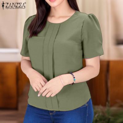 Women Casual Round Neck Solid Color Short Sleeve Blouse
