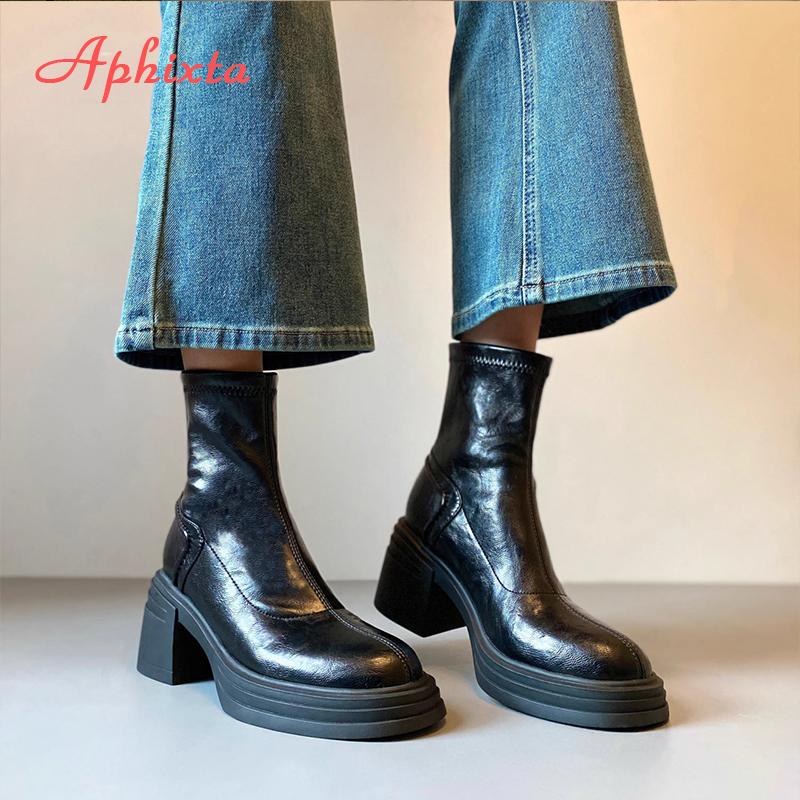 Aphixta Retro Chelsea Shoes Classic Woman Ankle Boots Square Heel Platform Boot Patent Leather Winter Black Ankle Boots