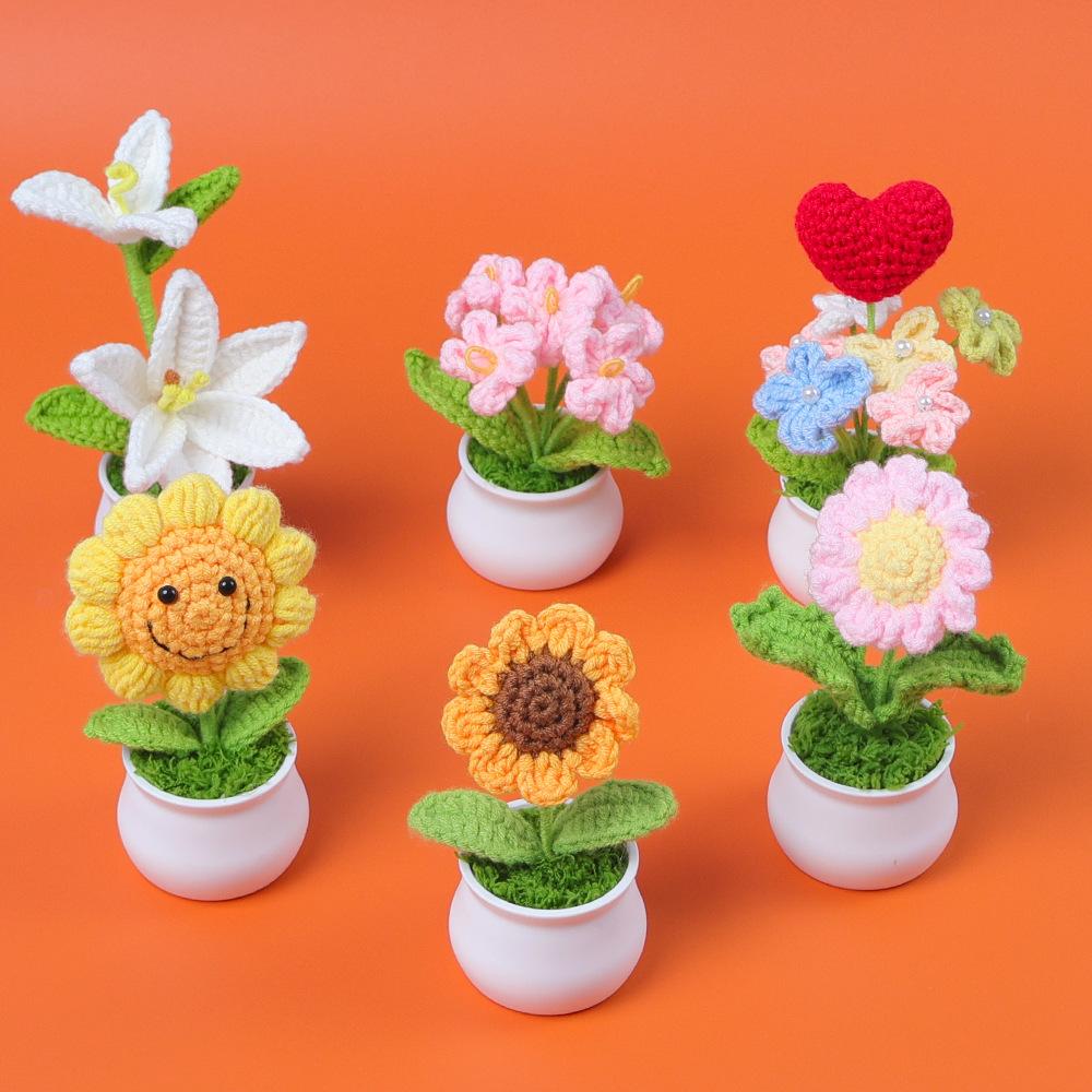Finished cross-border knitted yarn sunflower potted plant, daisy, forget-me-not, artificial flower, lily ornament, Valentine s Day gift
