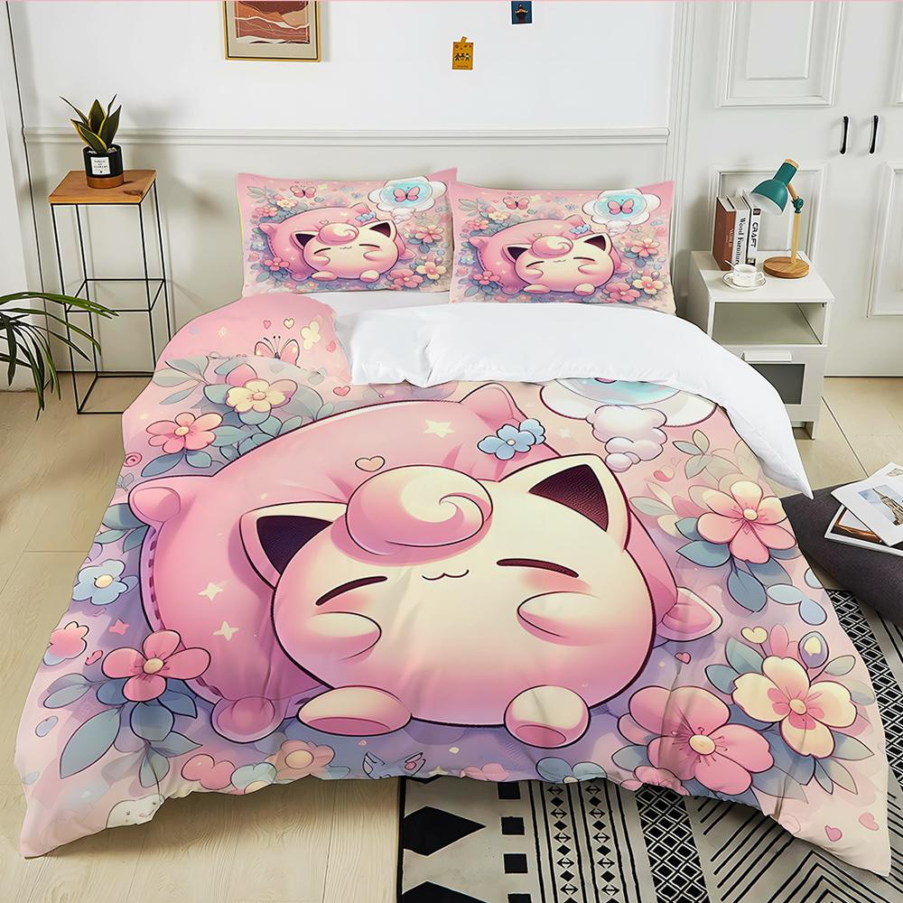 Next Day Shipping P0kem0n Jigglypuff Print Pink Bedding Set 3PC 1 Duvet Cover 2 Pillowcases Adult Kids Bedding Set Comforter Set