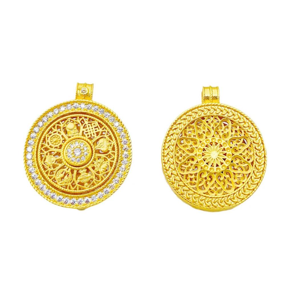 Antique Gilded Brass Compass Necklace with Inlaid Diamond, Eight Treasures Pendant, and Lucky Clavicle Chain for Women.