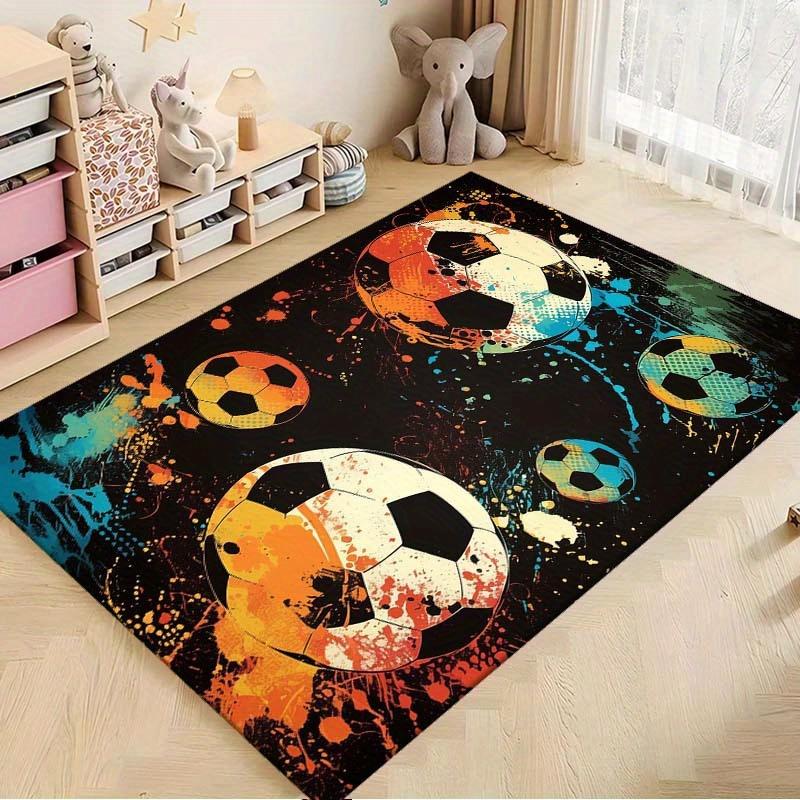 Soft Cozy Graffiti Soccer Ball Printed Area Rug Non Slip Washable Floor Mat for Kids Room Bedroom Boys Sports Themed Home Decor