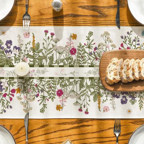 Spring Table Runner Floral Linen Table Runner Seasonal Summer Wildflowers Kitchen Dining Decoration for Home Party Decor