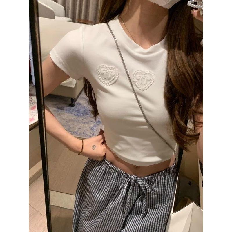 Lace Love Bow Short-sleeved Summer T-shirt Women's Slimming Short Top