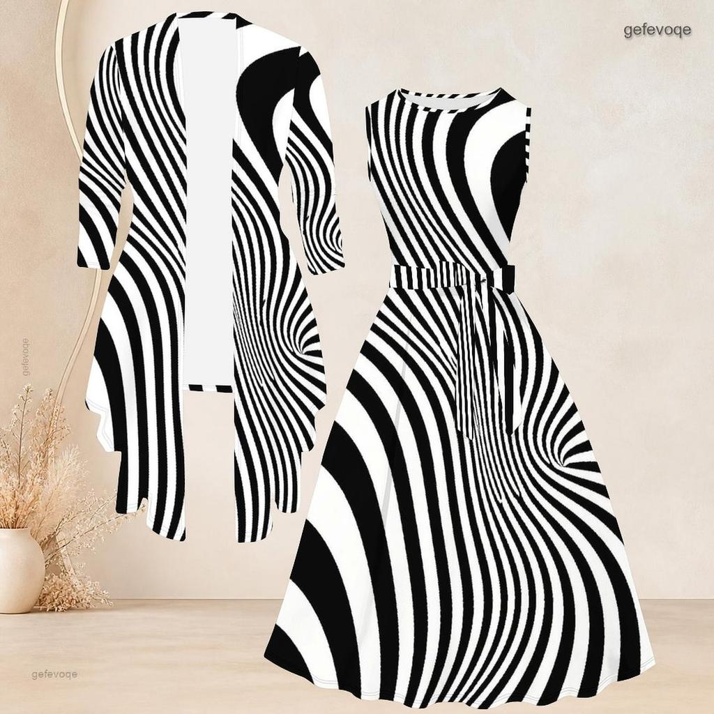 Women Plus Size Two Piece Set Long Sleeve Draped Cardigan Round Neck Sleeveless Tie Waist Flared Dress Black White Printed