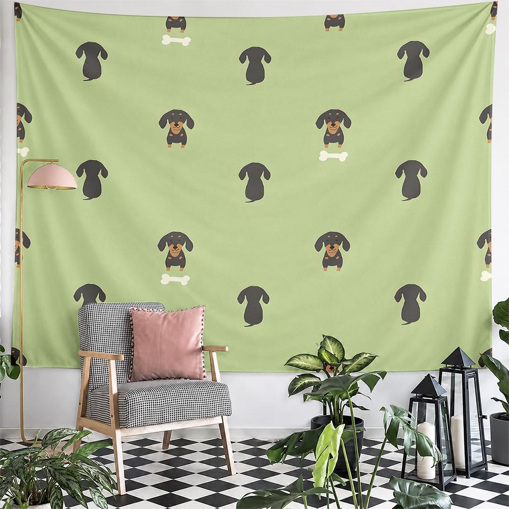 Dachshund Dog Silhouette and Bone Seamless Pattern Wall Tapestry Green Pet Lover Decor for Bedroom Living Room Gift