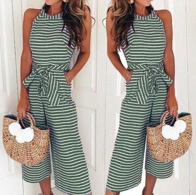 Sommer-Jumpsuits für Damen, modisch, schmale Passform, Rundhalsausschnitt, ärmellos, locker, weites Bein, gestreift, Schnür-Jumpsuit mit Taschen