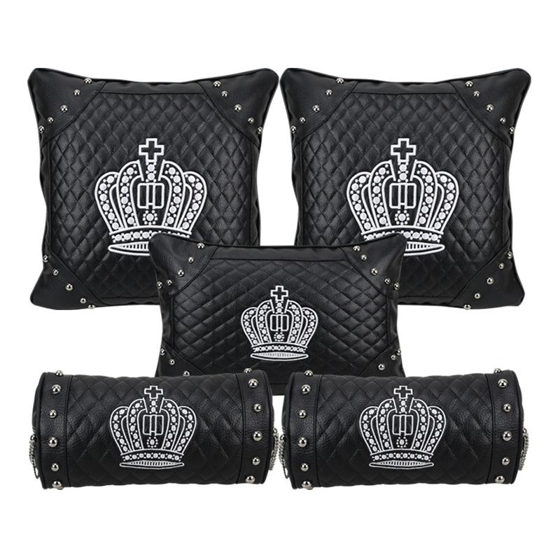 1PC Fashion Rivet Punk Style Car Neck Pillow High Quality Leather Embroidery Crown Auto Headrest Waist Supports Car Accessories