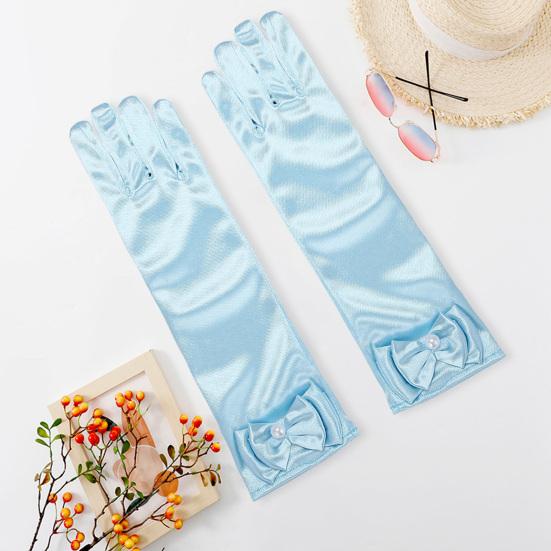 1 Pair Children Performance Gloves Faux Pearl Bow Decor Solid Color Full Fingers Satin Flower Girls Gloves Princess Style Cosplay Gloves