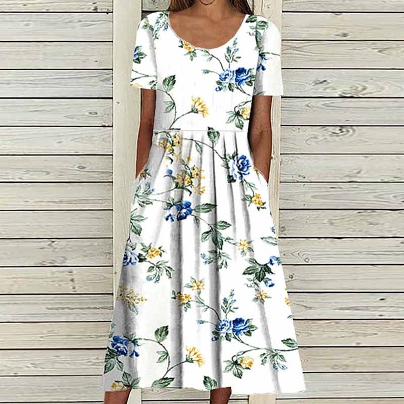 Cheap Summer Dress Women O Neck Pocket Casual Print Mini Dresses For