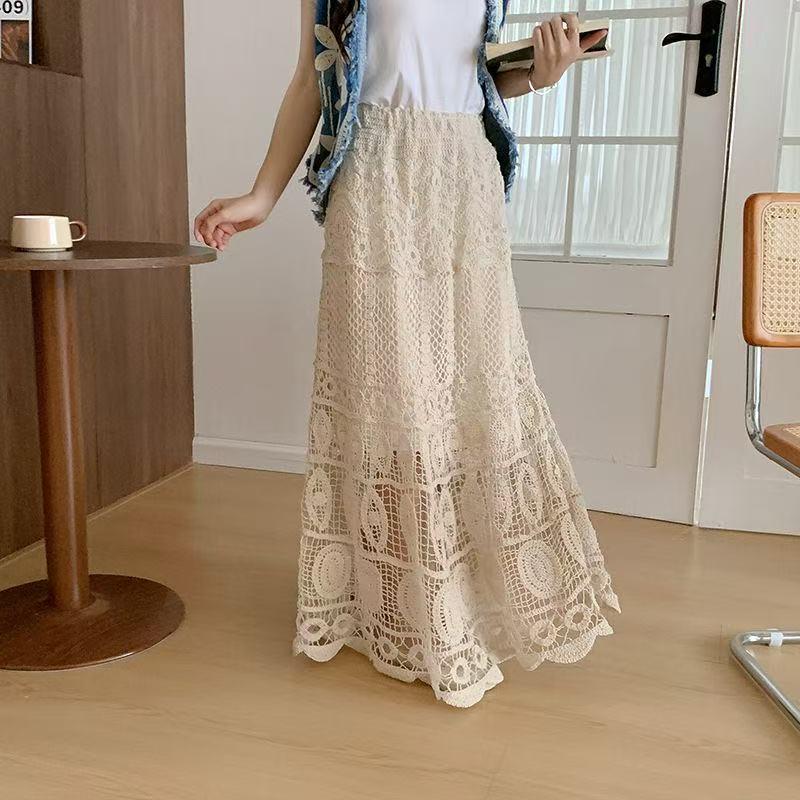 Bohemian Women's Resort Skirt: Korean-Style Embroidery, Crochet Knit, Drawstring Waist, Versatile Large Hem Hemline.