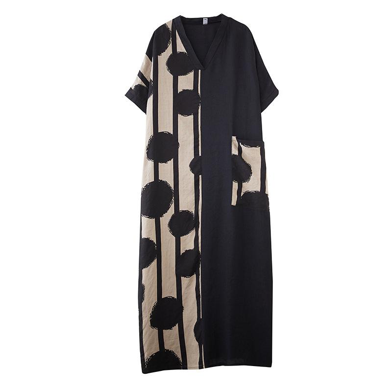 Summer Cotton and Linen V-neck Short Sleeved Long Dress