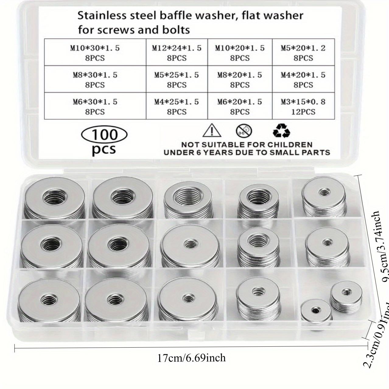 

1 шт. Нержавеющие шайбы, Плоские шайбы для винтов и болтов, Набор из 100 металлических шайб, Ассортимент больших и маленьких аппаратных шайб 100pcs серебряный