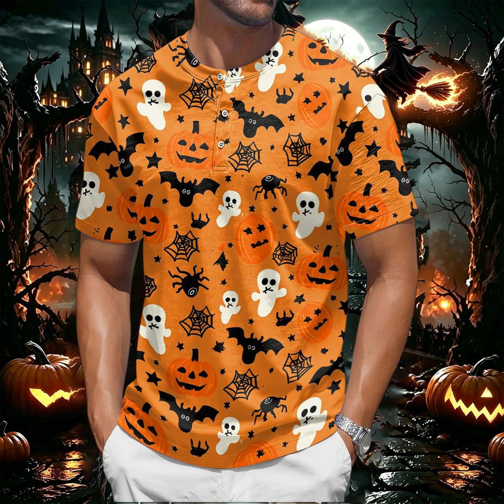 Men's Halloween Print Short Sleeve Henley Shirt Casual Round Neck Button Front Top for Seasonal Festive Wear