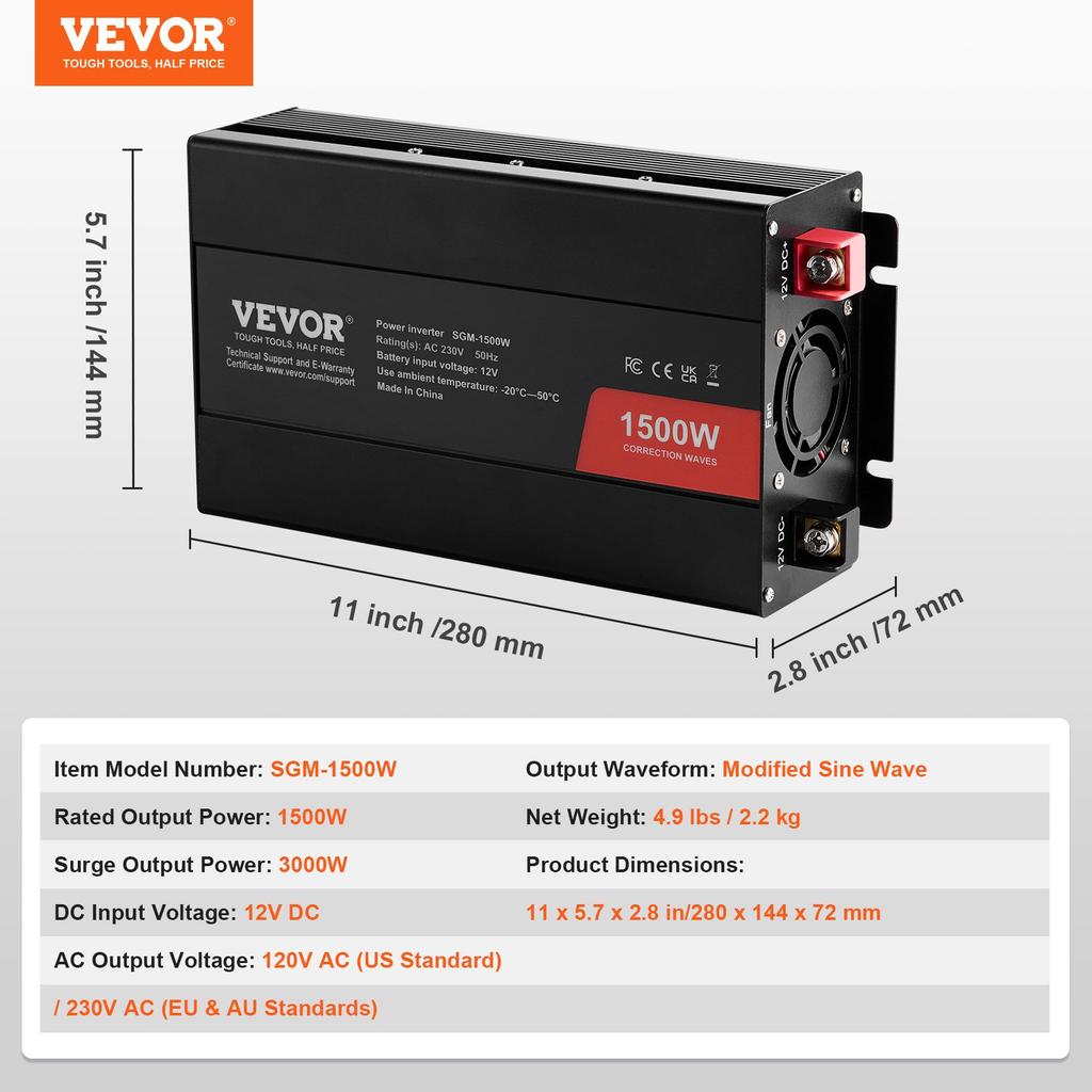 VEVOR Modified Sine Wave Inverter, 1500W, DC 12V To AC 230V Power Inverter with 2 AC Outlets 2 USB Port 1 Type-C Port 6 Spare Fuses