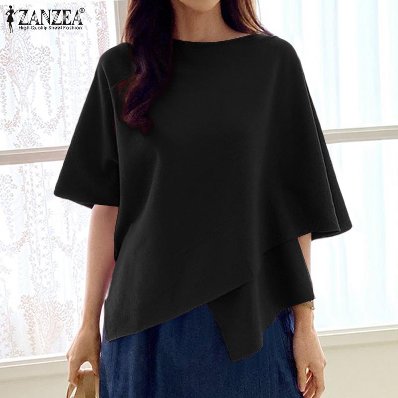 ZANZEA Lässige Bluse für Damen mit U-Boot-Ausschnitt, 3/4-Ärmeln, einfarbig, locker und unregelmäßigem Saum