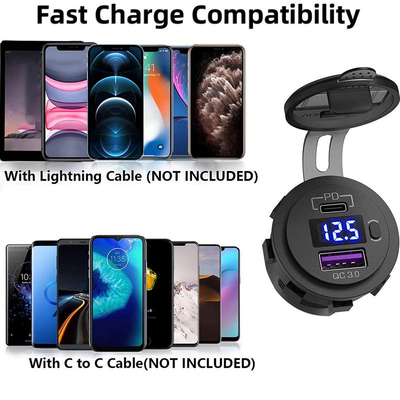 Car Phone Charger Fast Power Charging Block QC3.0 Type-C PD Dual Port Adapter With Digital Display Voltmeter Phone Car Charger