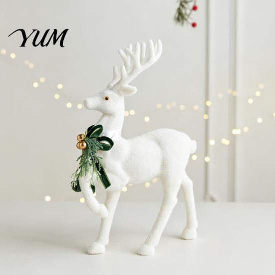 Holiday Gift Accessories with Bells White Flocked Elk Ornament, Ribbon Bell Decor 3D Standing Deer Winter Theme Table Centerpieces Figurine,