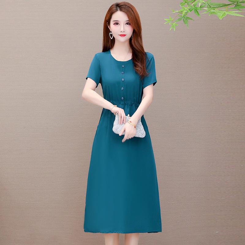 Loose Plus Size Summer Fashion Dress for Middle-Aged & Elderly Women - Solid Color, Mid-Length, Short Sleeves