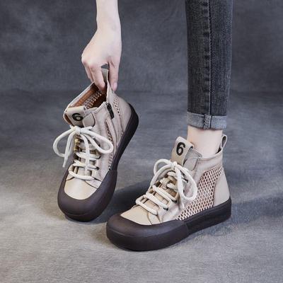 Hollow Out Boots Retro krátké boty z pravé kůže Splicing Mesh Prodyšné Dámské boty se silnou podrážkou